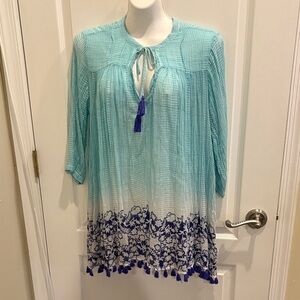 Roberta Roller Rabbit Aqua to White Ombre Tunic with Navy Floral Border Size M
